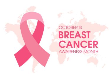 Ekim ayı, Meme Kanseri Farkındalığı Ay vektörü. Pembe kanser farkındalık kurdelesi ve beyaz arka planda izole edilmiş dünya haritası siluet ikonu vektörü. Önemli bir gün.