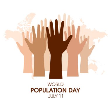 Dünya Nüfus Günü vektörü. Kaldırılmış eller vektörü. Farklı ten renkleri olan insan elleri siluet ikon vektörü. Küresel aşırı nüfus tasarım elemanı. 11 Temmuz. Önemli bir gün.