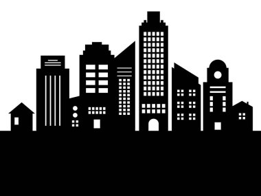 Modern abstract cityscape skyline buildings black and white silhouette vector. Fictional simple city skyline black silhouette design element isolated on a white background