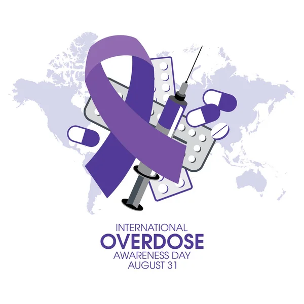 International Overdose Awareness Day Vector Purple Awareness Ribbon Pile Drugs — Διανυσματικό Αρχείο