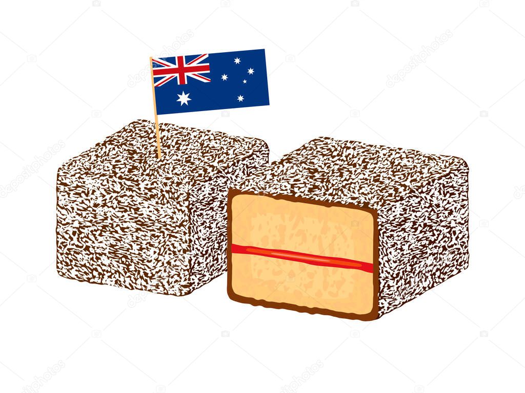 Lamington sponge cake with australian flag icon vector. Australian chocolate dessert with coconut and jam drawing. Lamington cakes icon set isolated on a white background