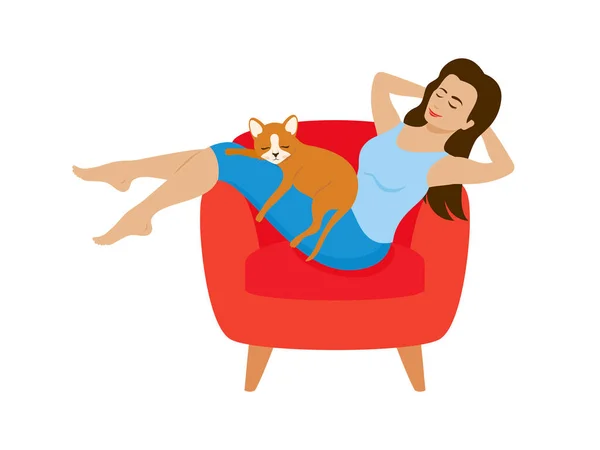 Happy Young Woman Relaxing Armchair Her Cat Vector Woman Resting — ストックベクタ