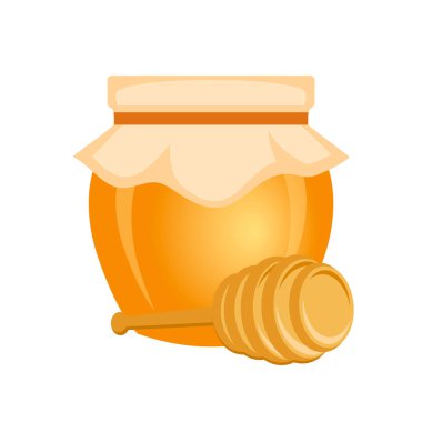 Full glass jar of honey and honey dipper icon vector. Honey jar and honey stick icon isolated on a white background