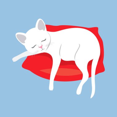 Cute white cat sleeping on a red pillow icon vector. Adorable domestic cat relaxing on a pillow cartoon isolated on a blue background