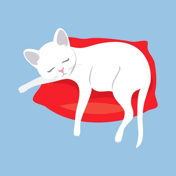 Cute White Cat Sleeping Red Pillow Icon Vector Adorable Domestic — Vetor de Stock