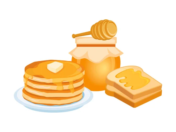 Honey Breakfast Pancakes Toast Icon Vector Jar Honey Honey Dipper —  Vetores de Stock