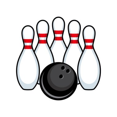 White bowling pins and a black ball icon vector. Five bowling pins and ball icon isolated on a white background. Bowling skittles drawing