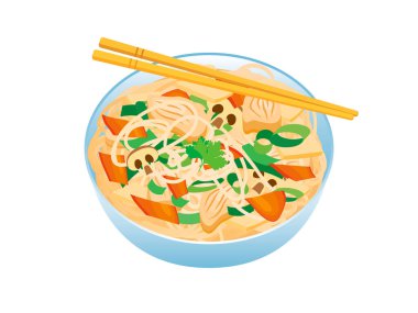 Chicken chop suey with noodles icon vector. Bowl with noodles, chopped chicken pieces and vegetables icon vector isolated on a white background. American Chinese food drawing