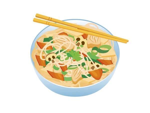 Chicken Chop Suey Noodles Icon Vector Bowl Noodles Chopped Chicken — Vetor de Stock