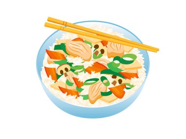 Chicken chop suey with rice icon vector. Bowl with rice, chopped chicken pieces and vegetables icon vector isolated on a white background. American Chinese food drawing