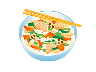 Chicken chop suey with rice icon vector. Bowl with rice, chopped chicken pieces and vegetables icon vector isolated on a white background. American Chinese food drawing clipart