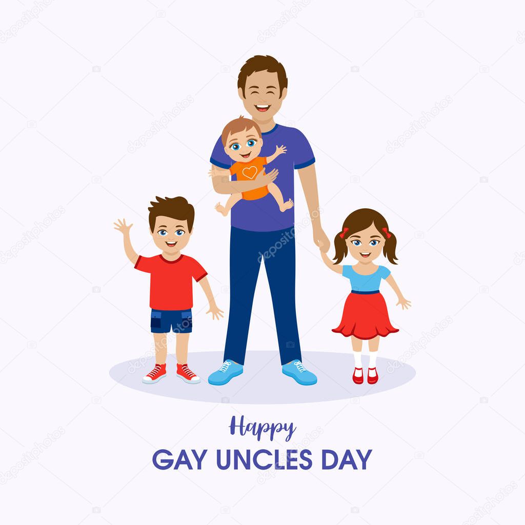 Happy Gay Uncles Day vector. Young happy man holding a smiling baby in his arms vector. Cheerful man with children drawing. Second Sunday in August. Important day
