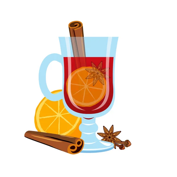 Hot Mulled Wine Spices Still Life Vector Hot Drink Orange — Stockvector