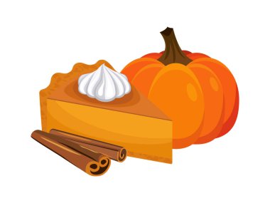 Kremalı balkabağı turtası ve tarçınlı yaşam ikonu vektörü. Beyaz arka planda izole edilmiş tatlı kremalı turta ikonu. Balkabağı çizimli mevsimlik sonbahar pastası