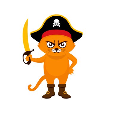 Şapkalı ve kılıçlı komik bir korsan kedi. Beyaz arka planda izole edilmiş çizmeli kızıl korsan kedi ikon vektörü. Kızgın kırmızı kedi çizimi