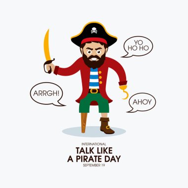 Uluslararası Talk Like a Pirate Day vektörü. Şapkalı ve kılıçlı komik bir korsan. Tahta bacaklı ve kanca ikon vektörlü kızgın bir korsan. 19 Eylül. Önemli bir gün.