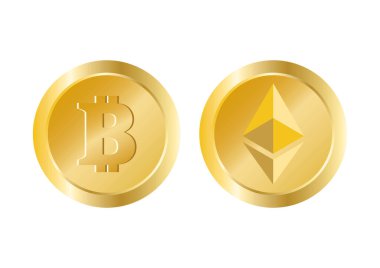 Bitcoin ve ethereum altın para ikonu vektör belirledi. Beyaz arka planda izole edilmiş kripto para birimi simgeleri vektörü. Dijital altın tasarım ögesi