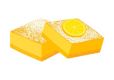 Limonlu kurabiye, tatlı sarı pasta ikonu vektörü. Beyaz arka planda izole edilmiş taze limonlu kek ikonu vektörü dilimi. Üzerine pudra şekeri çizilmiş limonlu turta.