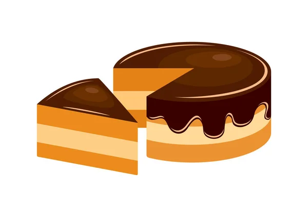 Boston Cream Pie Icon Vektor Vanille Biskuitkuchen Mit Schokoglasur Zeichnung — Stockvektor