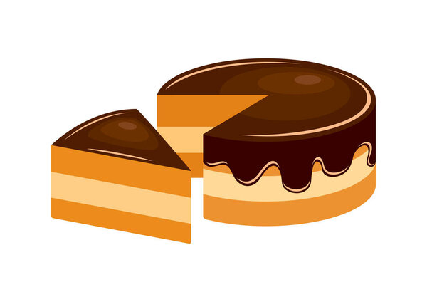 Boston Cream Pie icon vector. Vanilla sponge cake with chocolate glaze drawing. Delicious slice of cream cake with chocolate icing icon isolated on a white background