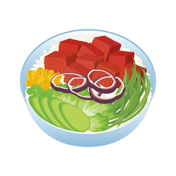 Poke Bowl Mit Thunfischwürfeln Und Gemüse Symbol Vektor Thunfisch Poke — Stockvektor