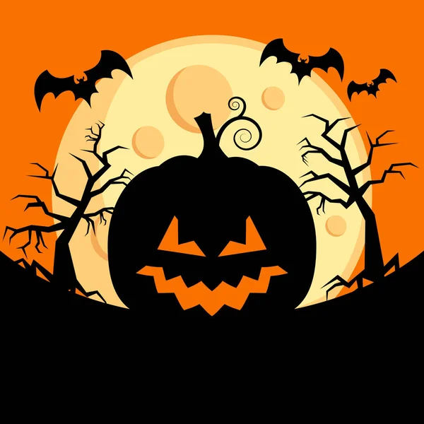 Zucca Halloween Spettrale Nel Paesaggio Notturno Con Vettore Luna Piena — Vettoriale Stock