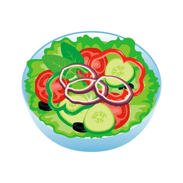 ボウルアイコンベクトルの新鮮な野菜サラダ レタス トマト キュウリ コショウ タマネギ オリーブのアイコンベクトルが白い背景に隔離された健康的なビーガンサラダ — ストックベクタ