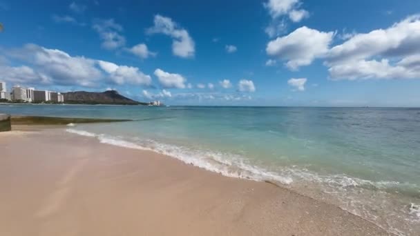Spacerując Żółtych Piaskach Słynnej Plaży Waikiki Ciepłe Fale Oceanu Spokojnego — Wideo stockowe