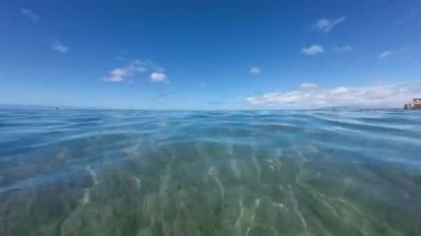 Okyanus seviyesindeki ünlü Wikiki plajının panoramik manzarası. Pasifik Okyanusu 'nun tropikal sularının turkuaz rengi. Turistler Waikiki Sahili 'nin yumuşak kumlarında yüzer ve güneşlenirler..