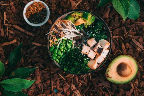 Plato vegetariano. Poke bowl con tofu, aguacate, brócoli, judías verdes, chuka — Foto de Stock