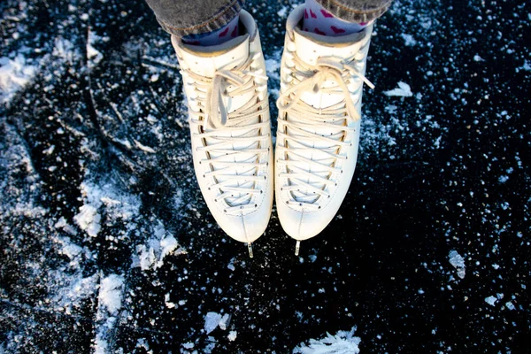 Close Women Legs White Figure Skating Skates Top View — Stock Photo, Image
