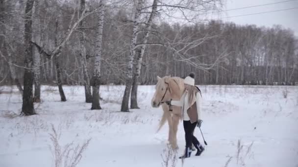Молодая девушка ведет свою лошадь уздечкой через зиму, снежное поле в лесу — стоковое видео