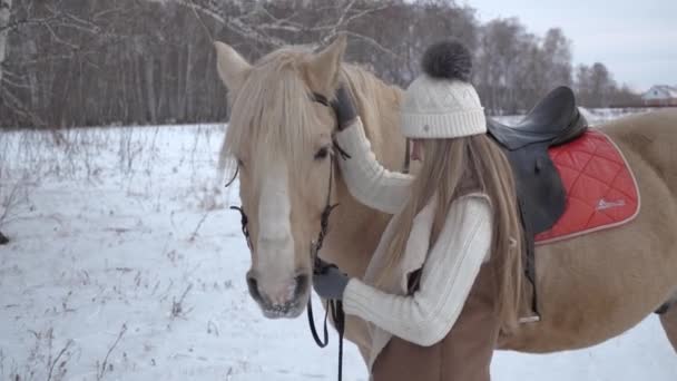 Sweet girl in white hat sweater and fur vest smiles and strokes horse in winter — 图库视频影像