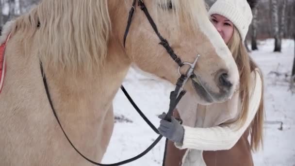 Menina com belo sorriso olhos azuis ri traços e se comunica com cavalo — Vídeo de Stock