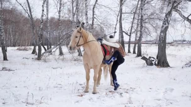Giovane ragazza si siede con difficoltà sul cavallo beige. Un cavaliere inesperto in inverno — Video Stock