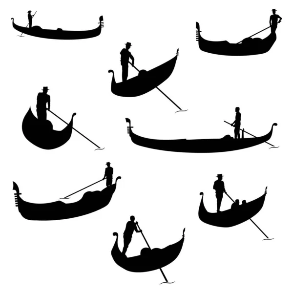 Set Gondolier Sziluettek Elszigetelt Fehér Háttér — Stock Vector