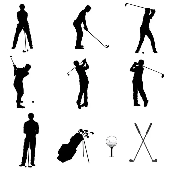 Set Golf Players Silhouette Isolated White Backgound — Stok Vektör