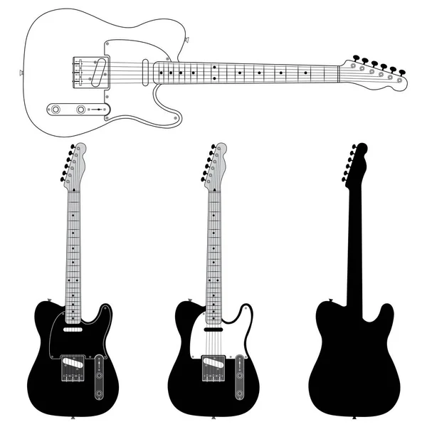 Guitarra Elétrica Silhuetas Isoladas Fundo Branco —  Vetores de Stock