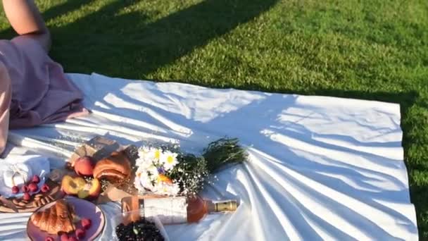 Young Smiling Woman Relaxing Outdoors Having Picnic Blanket Grass — Stock Video