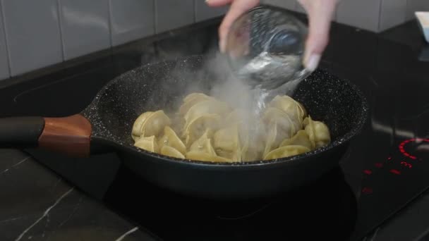 Närbild Matlagning Stekta Dumplings Stekpanna Kinesisk Mat Med Varma Ångor — Stockvideo