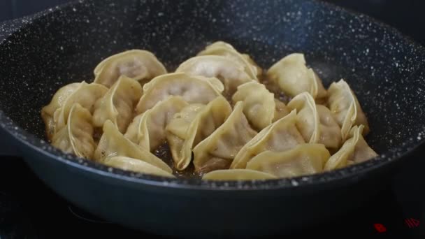 Close Cooking Fried Dumplings Frying Pan Chinese Food Hot Steams — Stock Video