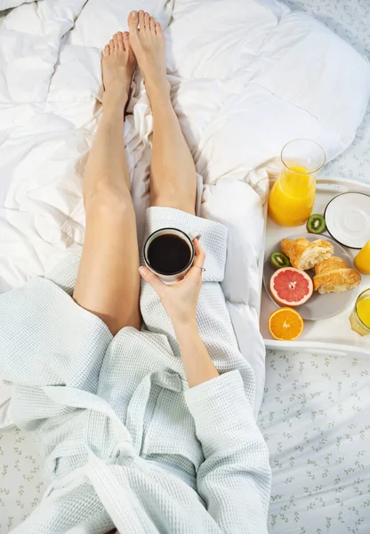 Young Woman Eating Breakfast Coffee Croissants Orange Juice Bed Stock Image