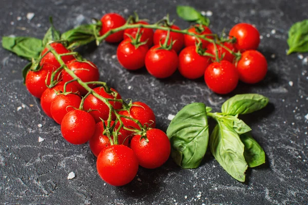 Fresh Cherry Tomatoes Basil Spices Black Stone Background — Photo