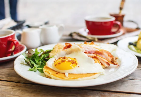 Tasty Breakfast Pancakes Fried Eggs Bacon Table Royalty Free Stock Images
