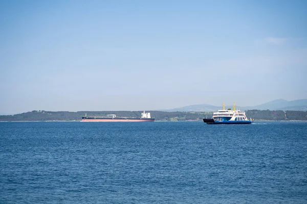 Yolcu gemisi ve kargo gemisi Çanakkale Boğazı 'nda.