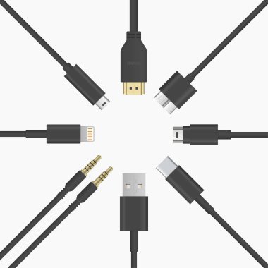  Siyah Kablolar Yuvarlak USB HDMI Şimşek Tipi C Mini B Mini Jack vektör çizimi