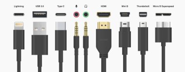  Siyah Kablolar USB HDMI Şimşek Tipi C Mini B Mini Jack vektör illüstrasyonu