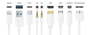  Siyah Kablolar USB HDMI Şimşek Tipi C Mini B Mini Jack vektör illüstrasyonu