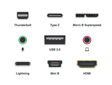  Thunderbolt Tipi C Micro B Superspeed Mini Jack USB Lightning Mini B HDMI Soket çizimi