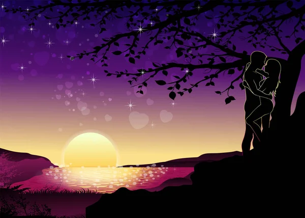 Lovers Silhouette Mit Mond Und Baumvektor — Stockvektor